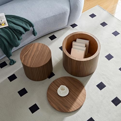 Round Nesting Coffee Table Set with Hidden Storage, Fluted Wood Accent Tables