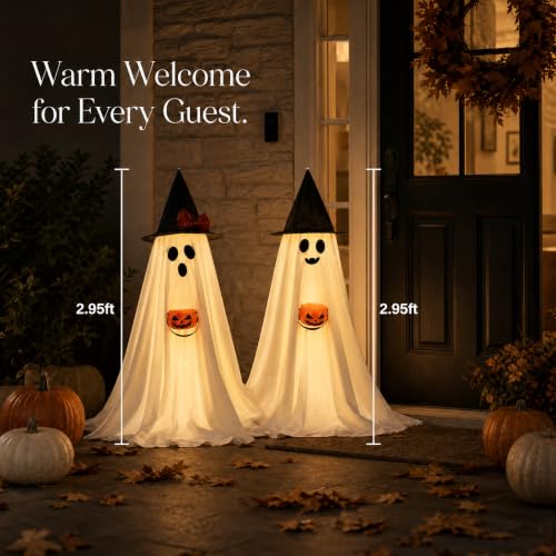 Lighted Halloween Ghosts 2-Pack – 2.95ft Standing Light-Up Decor with Witch Hats