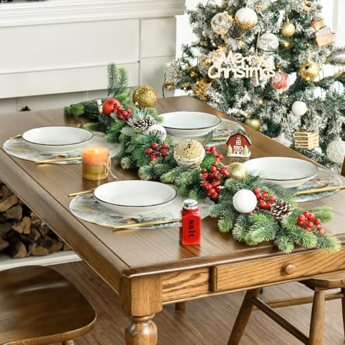 Artoid Mode 14" Round Placemats Set of 6 – Watercolor Deer, Trees & Snowflakes, Green