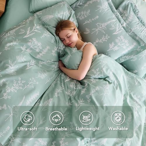 Reversible Green Floral Duvet Cover Set Queen - 3-Piece Microfiber Bedding