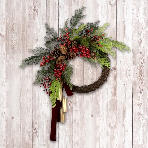 24-Inch Artificial Christmas Wreath with Berries, Pine Cones & Chimes