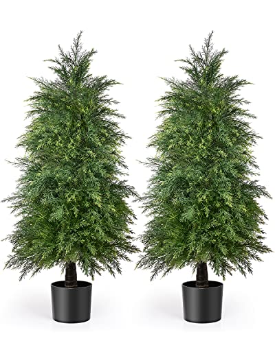 4ft Artificial Cedar Topiary Trees - UV Rated Potted Shrubs (2 Pack)