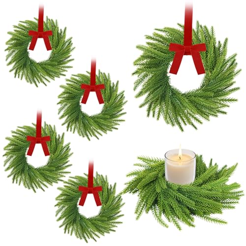 6-Piece Mini Christmas Norfolk Pine Wreaths with Bows, 7.9-Inch Candle Rings