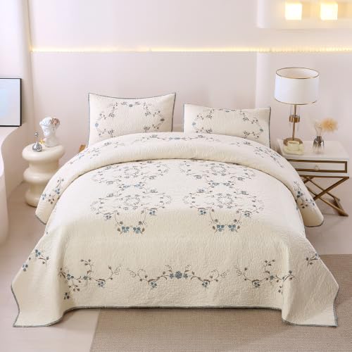 Elegant Floral Embroidered Bedspread Coverlet Set - Oversize Queen 100% Cotton