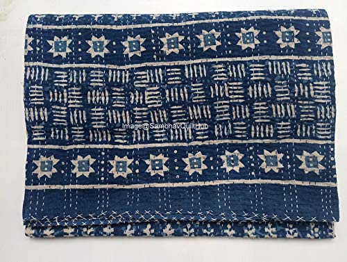 Handmade Indigo Print Cotton Kantha Quilt - Twin/King/Queen