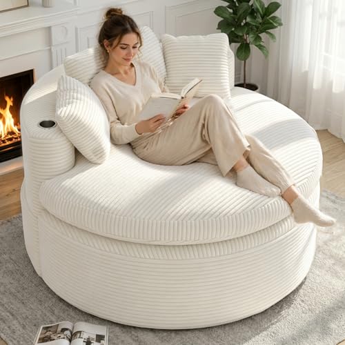 Oversized Round Corduroy Chaise Lounge Chair with 3 Pillows, Beige