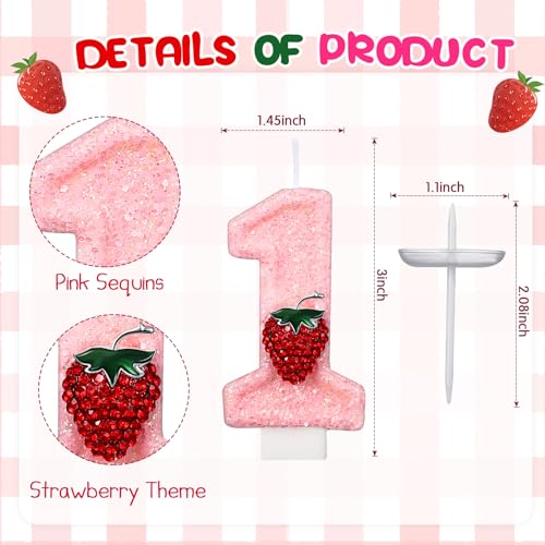 Pink Strawberry Number 1 Birthday Candle - 1st Birthday Cake Topper