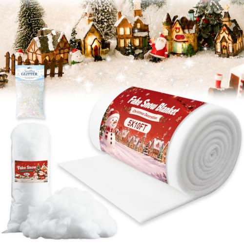 White 5x10ft Fake Snow Blanket with Glitter for Christmas Village Decoration - 3pcs Set