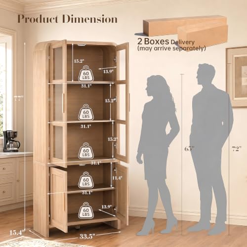77-Inch Tall Kitchen Pantry Cabinet with Glass Doors and Adjustable Shelves