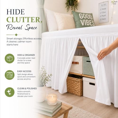 Twin XL Ruffled Bed Skirt with 32 Inch Drop - Wrap Around Dust Ruffle, White