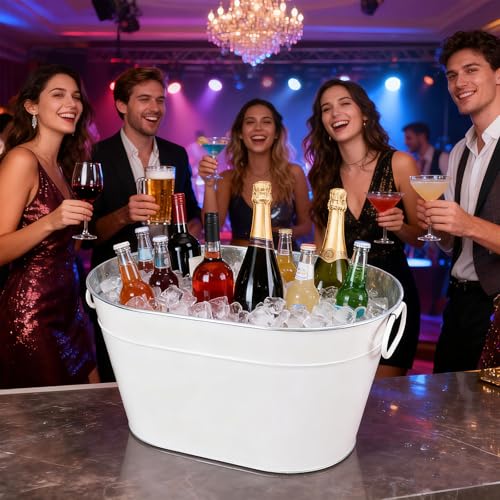 DAMSICO White Galvanized Beverage Tub with Handles - Large Ice Bucket for Parties