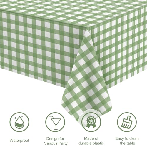 Sage Green Gingham Disposable Tablecloths 54 x 108 Inch (3 Pack)