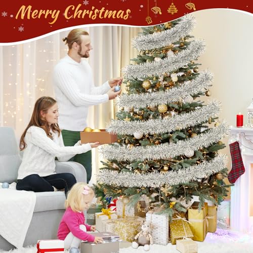 TranquilBliss Silver Christmas Tree Garland - 50 ft Tinsel Garland, Flexible & Reusable (Silver / 1)