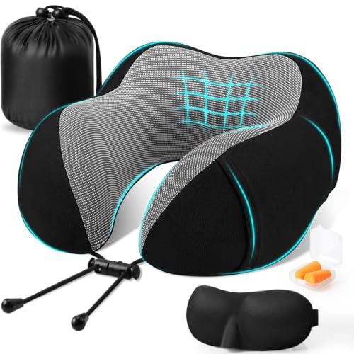 Memory Foam Travel Neck Pillow with Eye Mask & Earplugs - Black