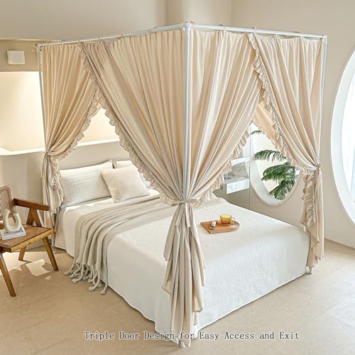 Opaque Canopy Bed Curtains with Top Ties - Soft Microfiber Drapes (Queen, Khaki)