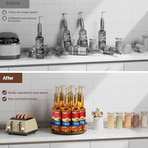 9-Bottle Rotating Coffee Syrup Rack, Carbon Steel and Wood Organizer