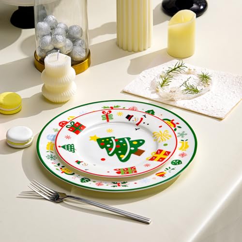 8-inch Fine Bone China Christmas Dessert Plates Set of 4, Red Green Holiday Design in Gift Box