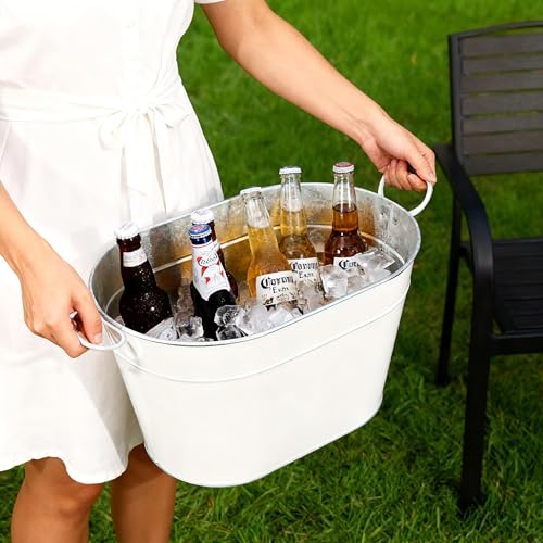 DAMSICO White Galvanized Beverage Tub with Handles - Large Ice Bucket for Parties