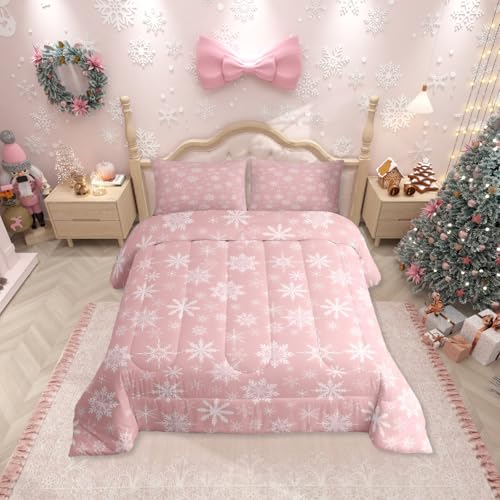 Erosebridal Christmas Comforter Set Queen - Pink Snowflake 3D Print, 90x90