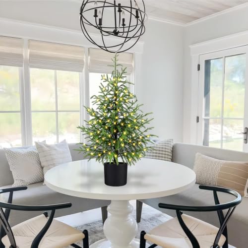 Enven 3ft Norfolk Pine Artificial Christmas Tree with 50 LED Lights & 8 Modes - Potted Holiday Decor (Single Pack)