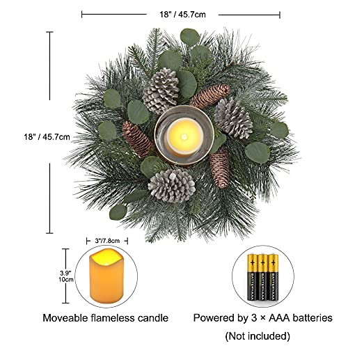 DILATATA 18-Inch Christmas Wreath with Flameless Candles & Glass Holder - Rustic Holiday Centerpiece, Detachable Design, Artificial Evergreen Decor (Variation #2)