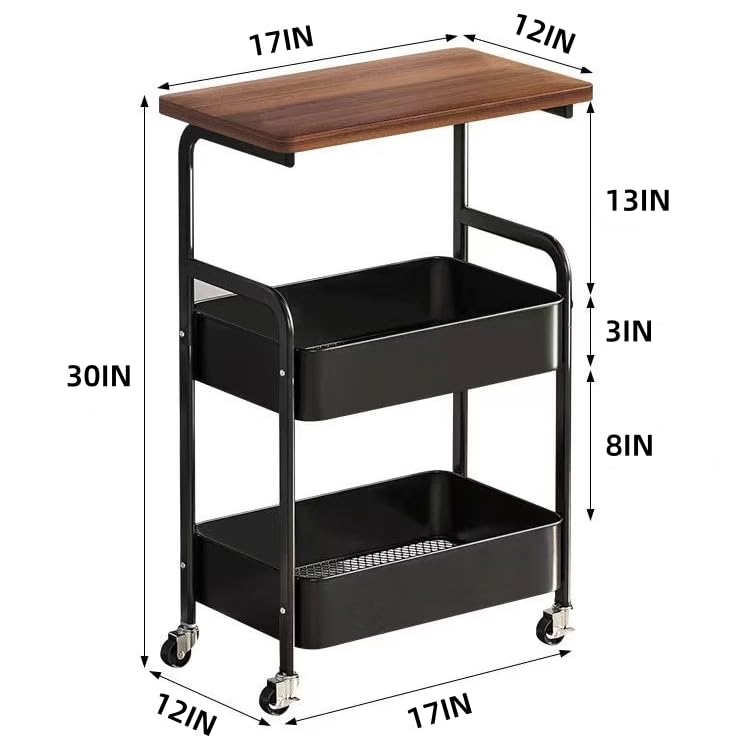 Black 3-Tier Metal Utility Cart with Walnut Top, Lockable Wheels & Sturdy Frame