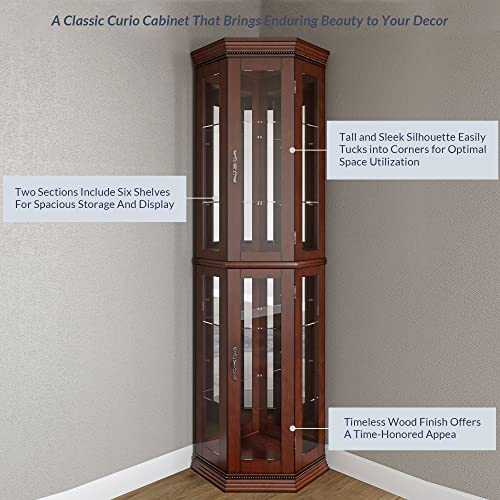 Wooden Corner Curio Cabinet with Lighted Display Shelves & Glass Door