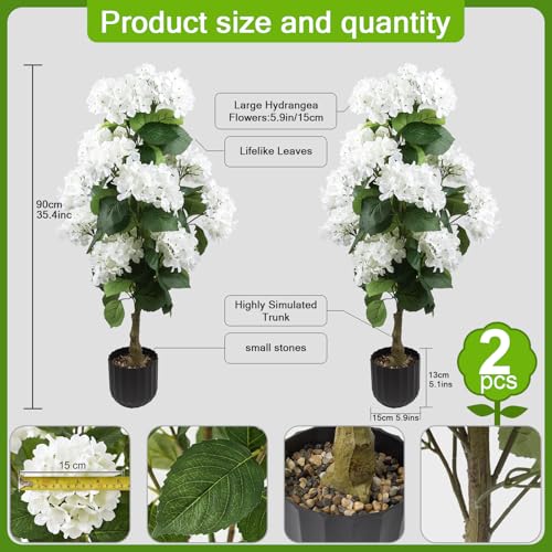 3 Ft Artificial Hydrangea Topiary Trees, UV Resistant Potted Faux Plant - 2 Pcs
