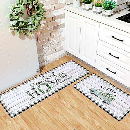 2-Piece Farmhouse Kitchen Rug Set, Buffalo Plaid Non-Slip Floor Mats