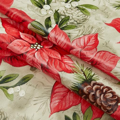 Newbridge 70 Inch Round Majestic Poinsettia Vinyl Christmas Tablecloth with Flannel Backing
