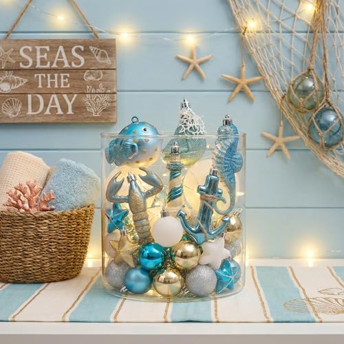 50-Piece Shatterproof Teal Nautical Coastal Tree Ornaments Set for Beach Decor