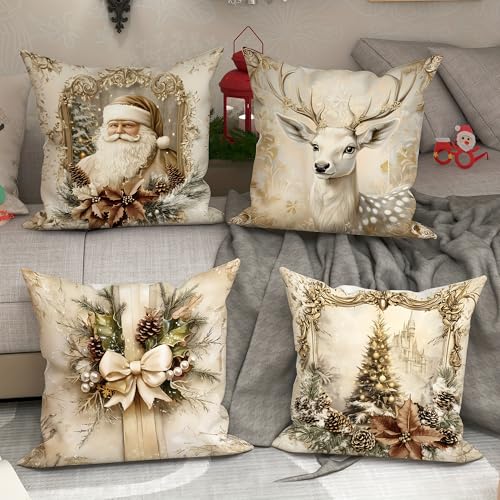 KOBERR Cream 18x18 Inch Holiday Throw Pillow Covers Set of 4 Vintage Christmas Linen