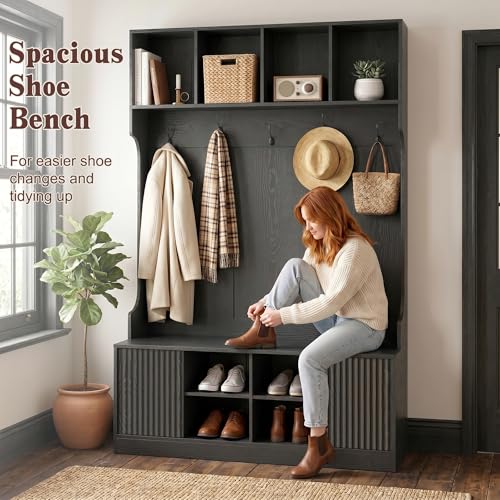 5-in-1 Hall Tree with Shoe Bench, LED Motion Sensor Light, and Storage