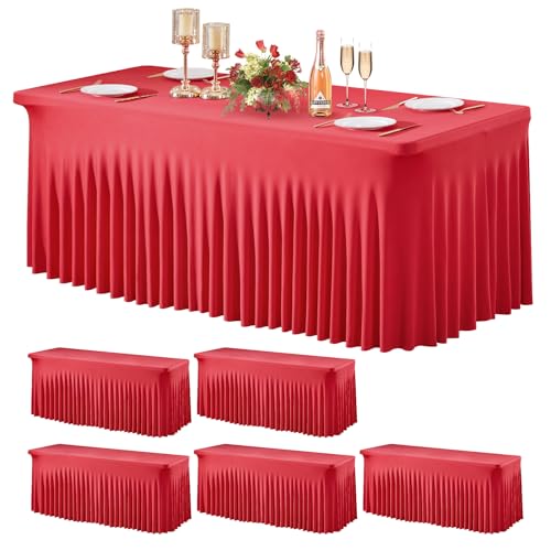 Wish Care 8FT 6 Pack Red Spandex Tablecloths – Fitted, Wrinkle-Free, 96L x 30W x 29H Table Covers for Banquets, Weddings & Events