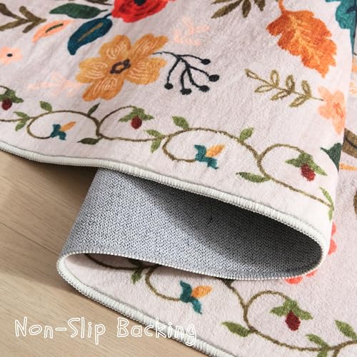 Boho Floral Washable Area Rug, 2x3 Non-Slip Low Pile Entryway Throw Mat