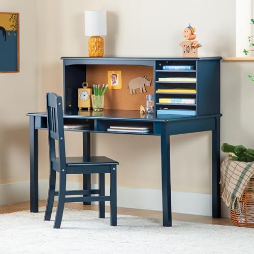 Kids Wooden Desk and Chair Set with Hutch and Storage - Navy