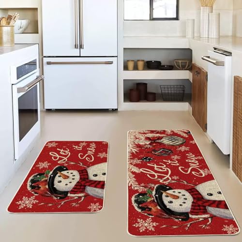 Snowman Christmas Kitchen Rugs Set 2-Piece Non-Slip 17x47 & 17x29 Inches