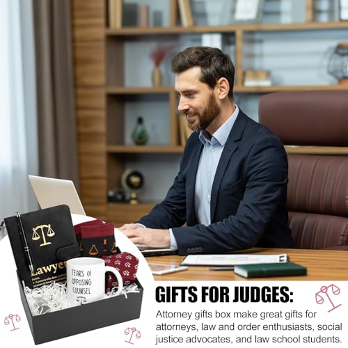 Sunnychicc 7-Piece Lawyer Gift Set Burgundy – Journal, Mug, Pen, Tie, Cufflinks, Socks, Keychain