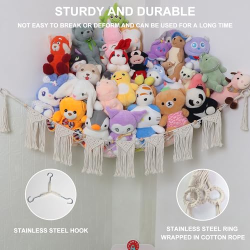 Large Macrame Stuffed Animal Hammock with LED Lights, Boho Toy Organizer