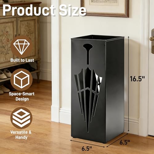 Square Metal Umbrella Stand for Entryway, Freestanding Storage Bin, Black