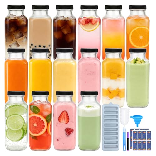 16 Pack 16 oz Glass Juice Bottles with Lids, Reusable Containers for Juicing