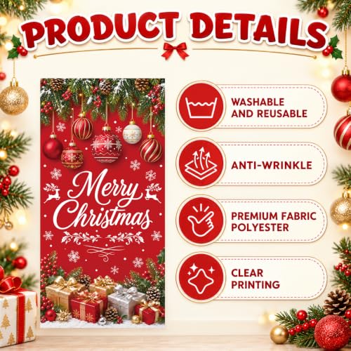 Merry Christmas Door Cover for Front Door 35x71 Inches - Waterproof Holiday Decoration