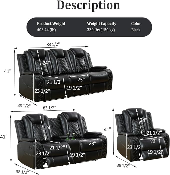 Power Recliner Sofa Set with LED Lights, Wireless Charger & Storage Console