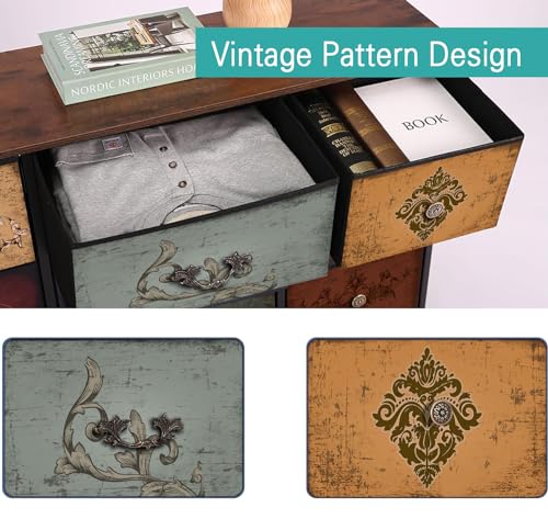 9-Drawer Fabric Dresser with Floral Print, Wide Storage Cabinet for Bedroom