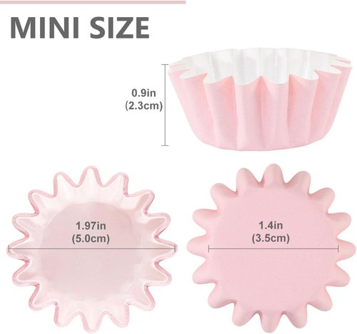 Caperci Pink Mini Cupcake Liners - 200 Heavy-Duty Grease-Resistant Baking Cups, Odorless & Easy Peel