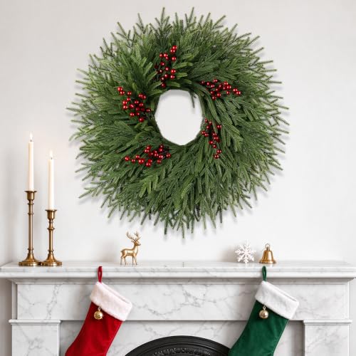 26IN Norfolk Pine Christmas Wreath with Red Berries for Front Door Decor