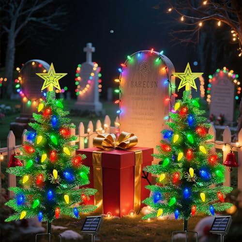 2-Pack 3.6ft Outdoor Solar Christmas Trees with 8-Mode LED Lights