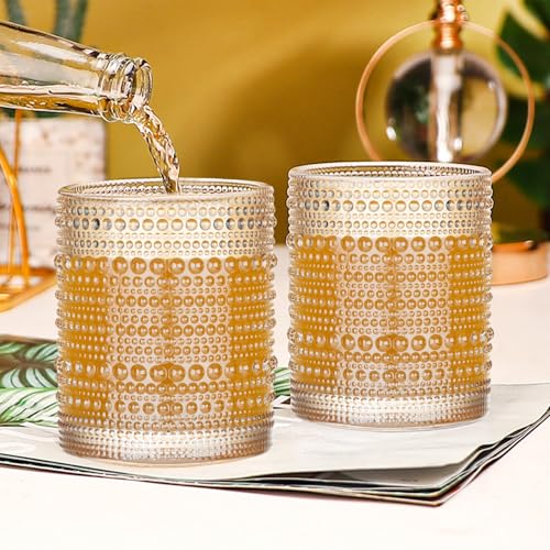 12 oz Vintage Gold Hobnail Beaded Drinking Glasses Set - Water, Juice, Cocktail Tumbler