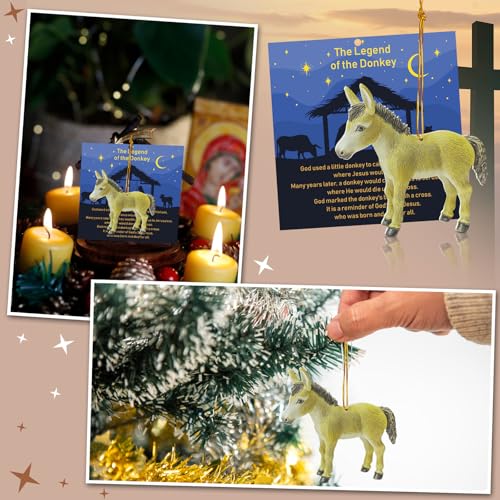 Religious Donkey Legend Christmas Ornaments Set - 12 Acrylic Holiday Decorations with Story Cards