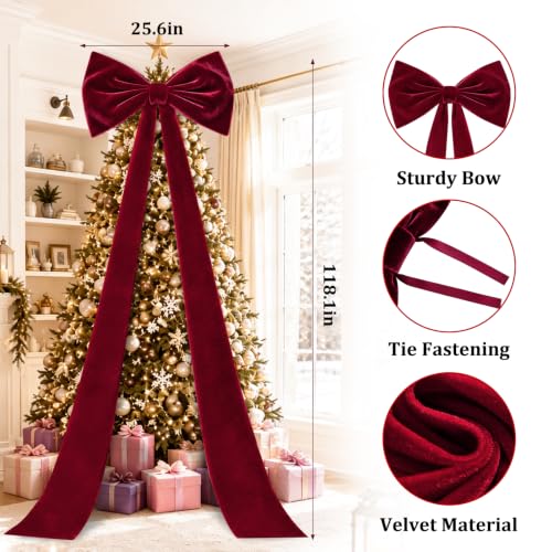 RGJ Burgundy Extra Large Christmas Tree Topper Bow 118in x 28in Velvet
